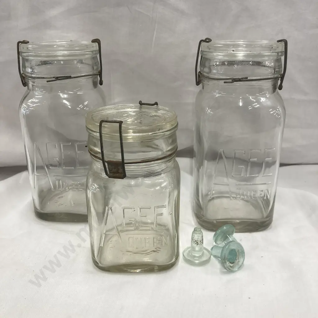 Vintage Agee Queen Glass Jars x 3 With Wire Enclosures, 1920 to 1940 & Three Glass Bottle Stoppers Image 1++