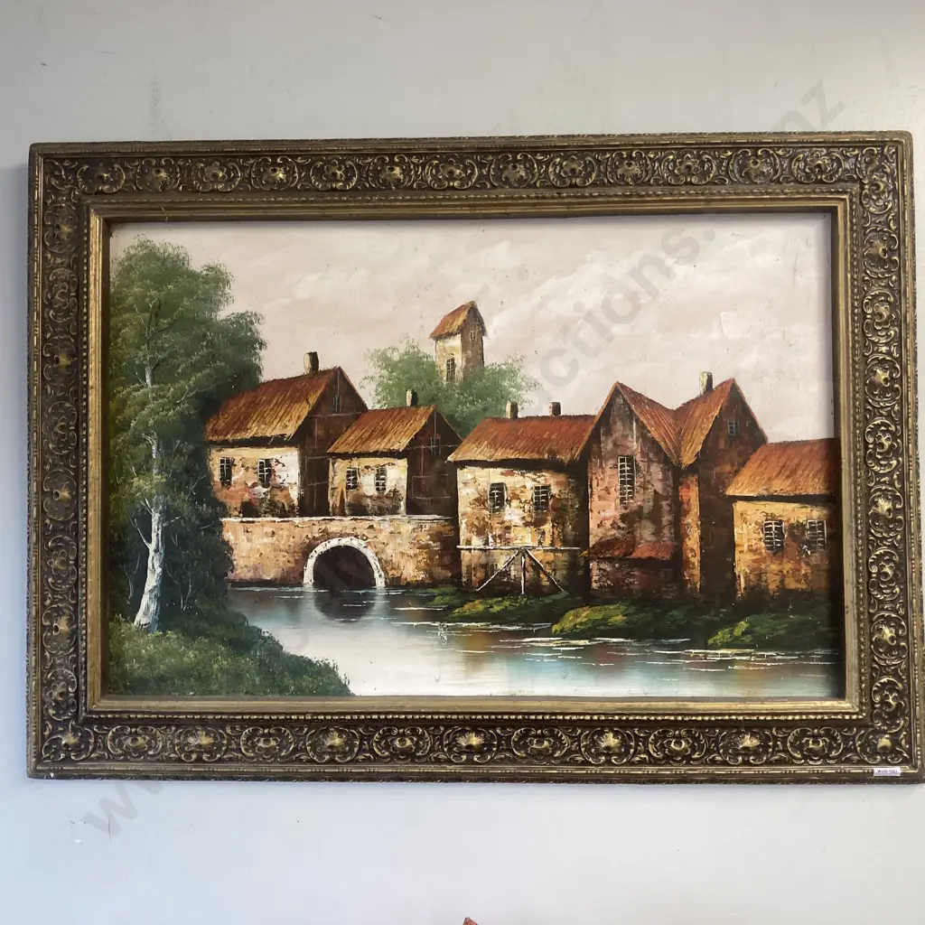 Original Oil Painting Of Houses & Canal In A Ornate Gilt Frame, 79 x 109cm Image 1++