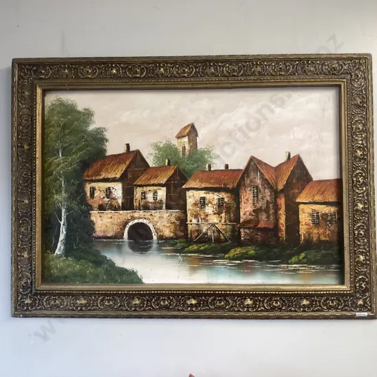 Original Oil Painting Of Houses & Canal In A Ornate Gilt Frame, 79 x 109cm