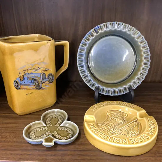 Vintage Wade Whiskey Water Jug Bugatti (af on rim), Alfa Romeo & Selection Of Wade Ashtrays