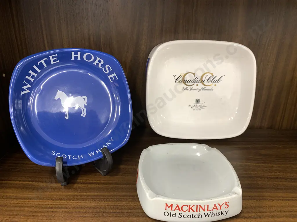 Selection Of Vintage Wade Advertising Ashtrays x3 Including White Horse, Mackinlays & Canadian Club Image 1++
