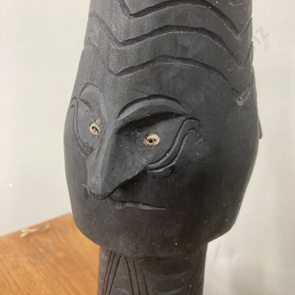 Vintage Black Hand Carved Stand With Cowrie Shell Eyes, H53cm Image 1++