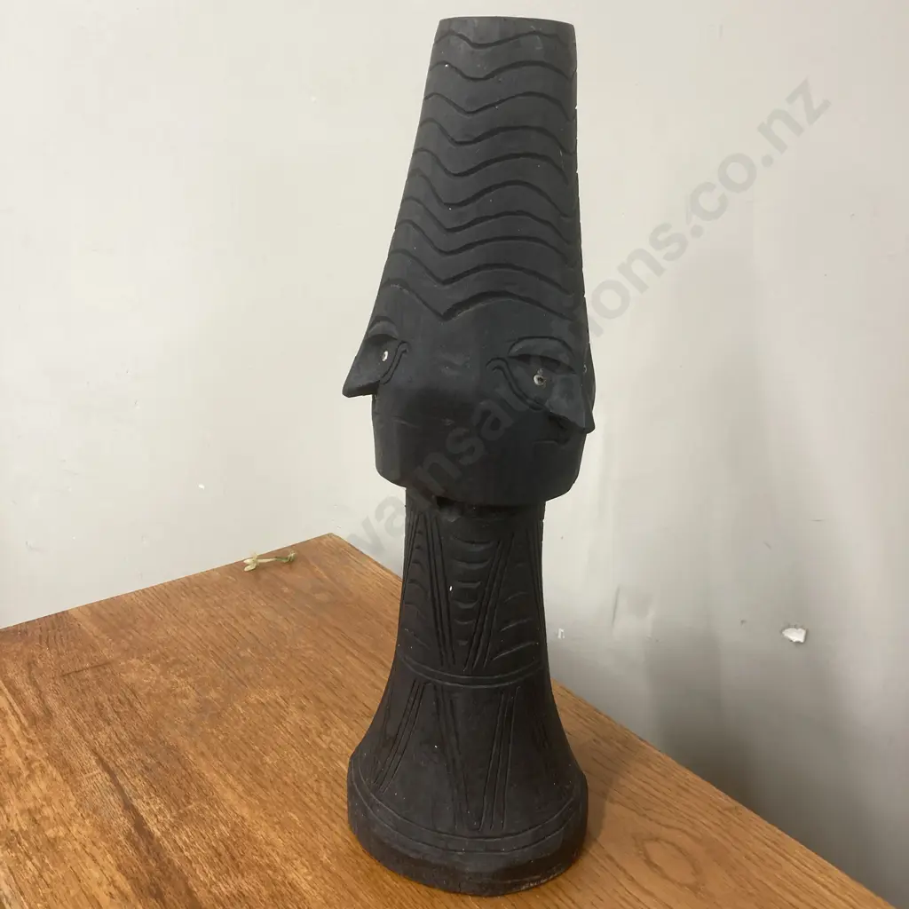 Vintage Black Hand Carved Stand With Cowrie Shell Eyes, H53cm Image 1++