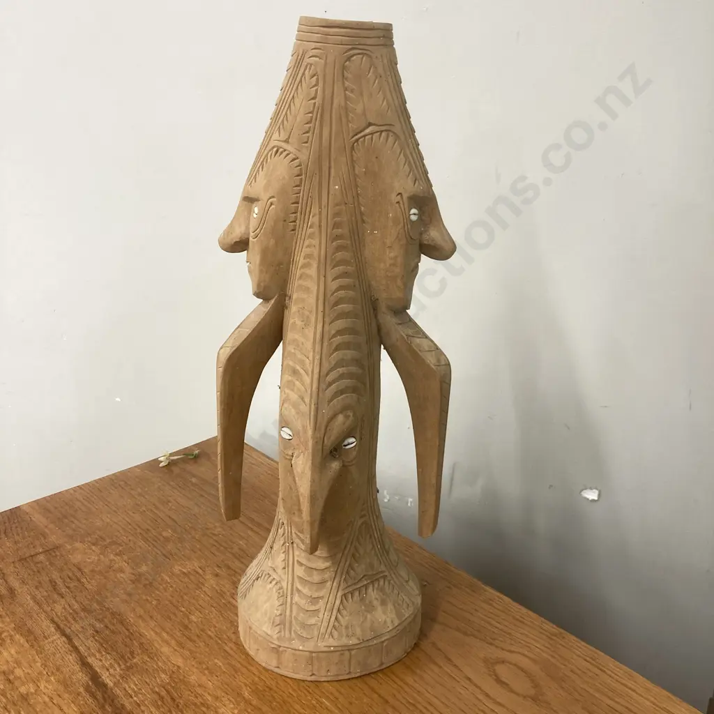 Vintage Hand Carved Stand With Cowrie Shell Eyes, H55cm Image 1++