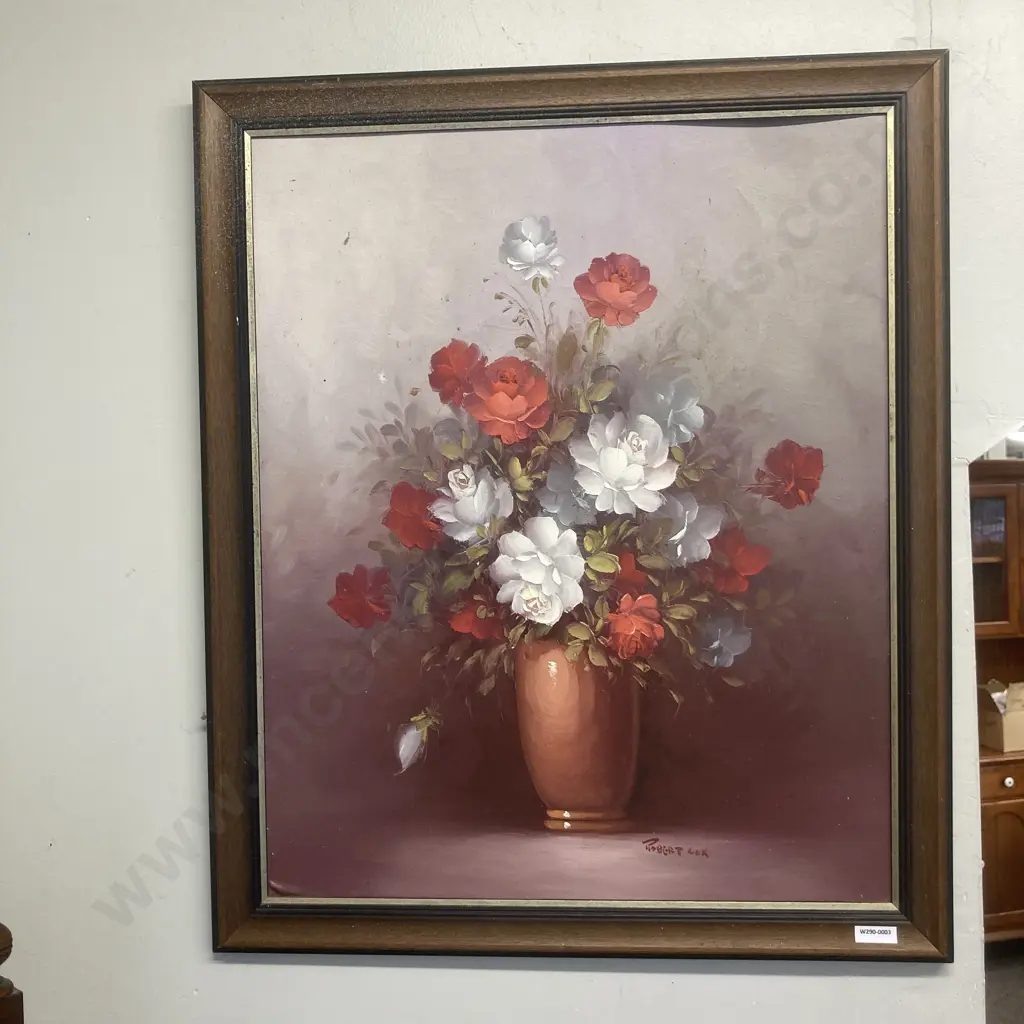 Oil Painting By Robert Cox Of Flowers In A Vase, Oak Frame, 70 x 59cm Image 1++