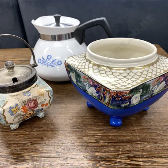 Selection Of China Items Including Vintage 'Alice Blue' Sugar Bowl, Hanley Atr Deco Planter / Bowl & Corning Ware Pot