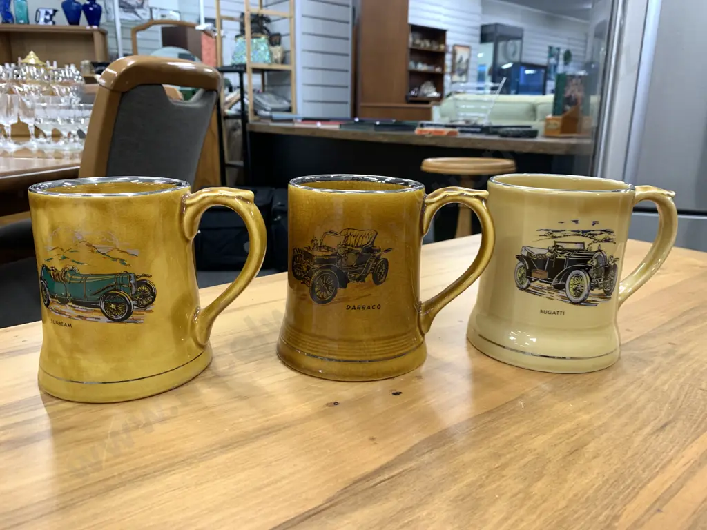 Selection Of Vintage Wade Veteran Beer Tankards x3 Including Bugatti, Darraco & Sunbeam Image 1++