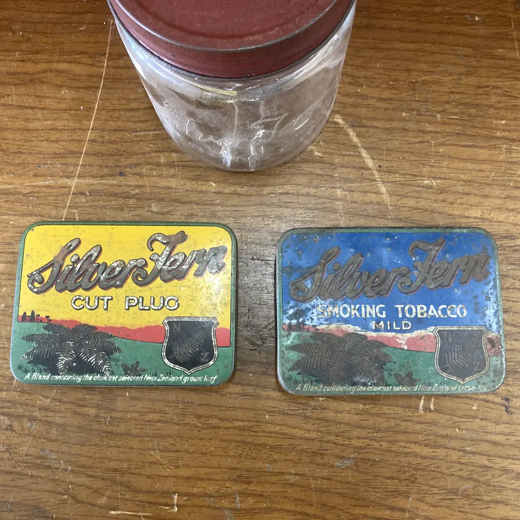 Vintage Silver Fern Flat Pocket Tobacco & Cut Plug Tins & Lidded Glass Jar Image 1++