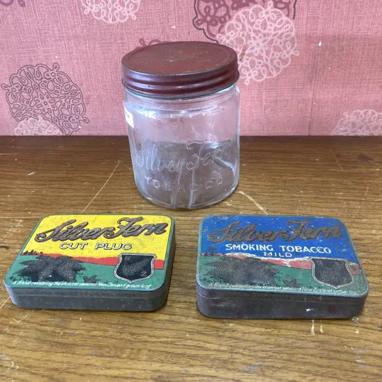 Vintage Silver Fern Flat Pocket Tobacco & Cut Plug Tins & Lidded Glass Jar