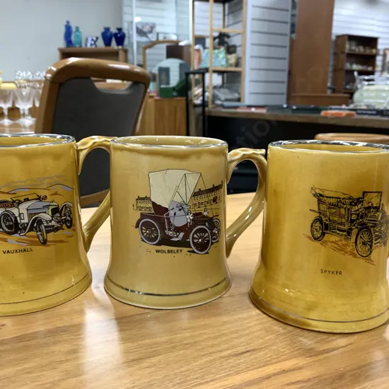 Selection Of Vintage Wade Tankards x3 Including 1913 Vauxhall, Wolseley & Spyker 