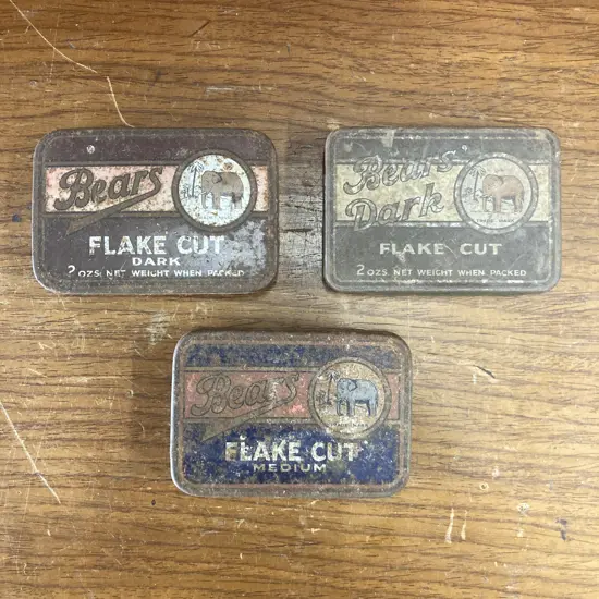 Lot of Three Vintage Assorted 'Bears Flake Cut' Tobacco Tins, Hinged Lids, Imperial Tobacco Co New Zealand
