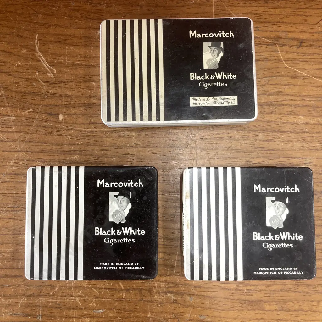 Selection of Three Art Deco 1920s-30s Style Vintage Marcovitch of Piccadilly Black and White Cigarettes Tins Image 1++