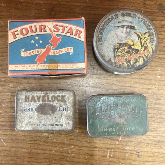 Melrose Four Star, Golden Eagle Double Flake Sweet Slice Tobacco Tin,1920's Riverhead Gold & Havelock Flake Tobacco Tins