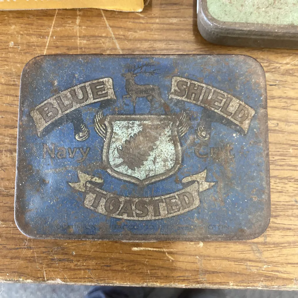 Vintage 1920's Desert Gold, Blue Shield Toasted Tobacco Tins & 3 Assorted Vintage Melrose Tobacco Containers Image 1++