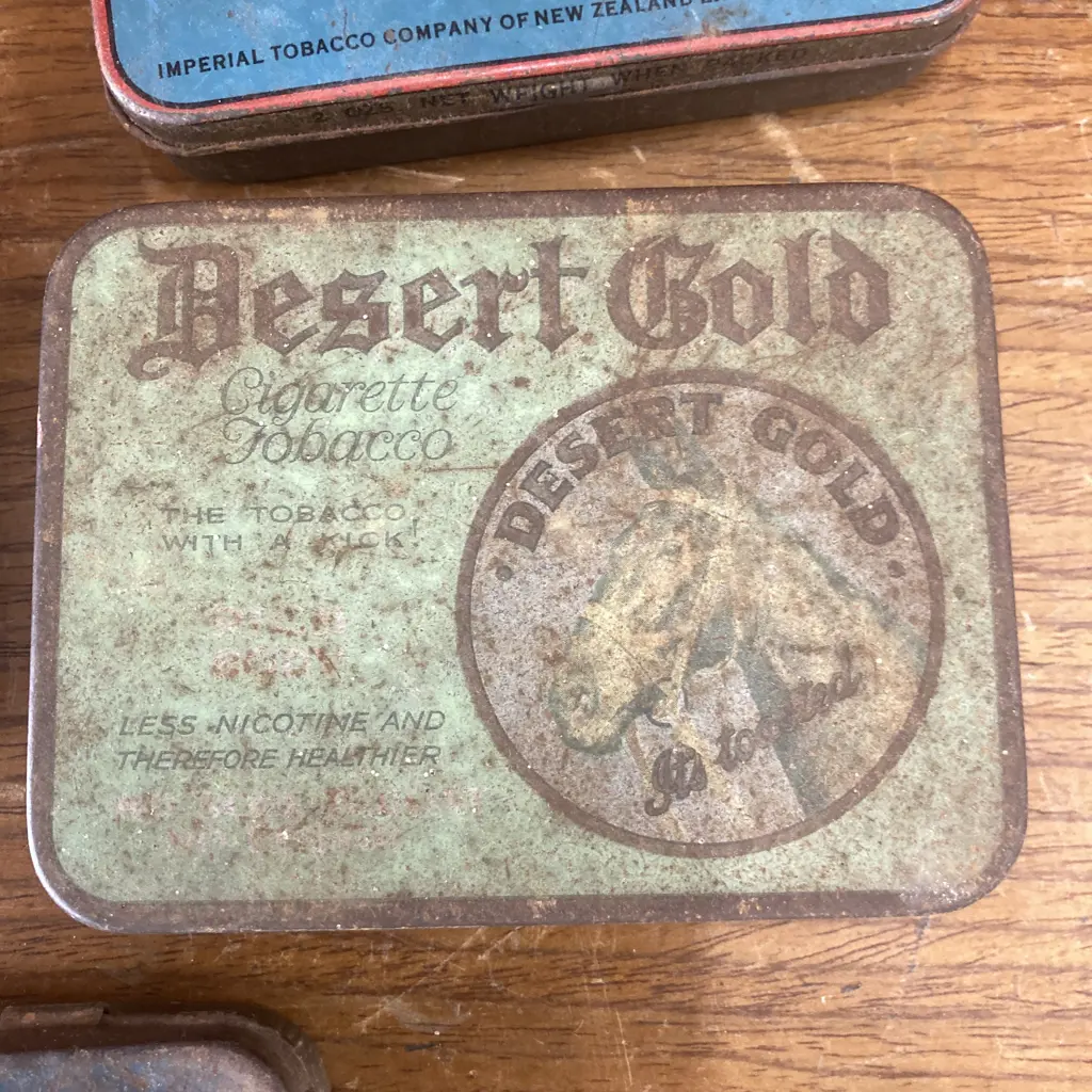 Vintage 1920's Desert Gold, Blue Shield Toasted Tobacco Tins & 3 Assorted Vintage Melrose Tobacco Containers Image 1++