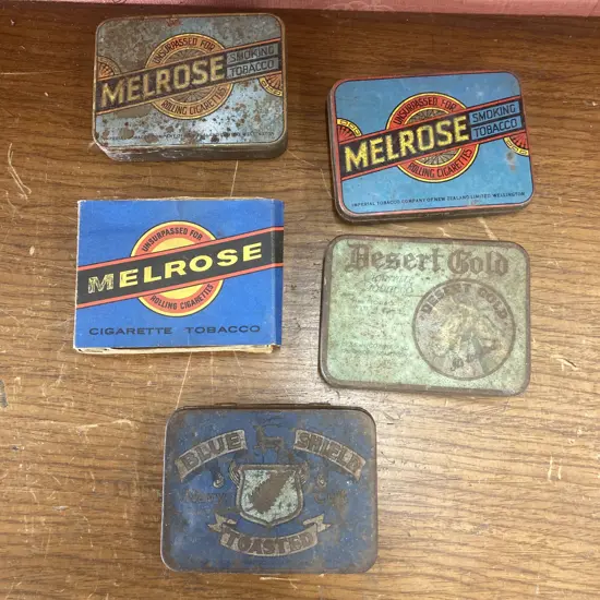Vintage 1920's Desert Gold, Blue Shield Toasted Tobacco Tins & 3 Assorted Vintage Melrose Tobacco Containers