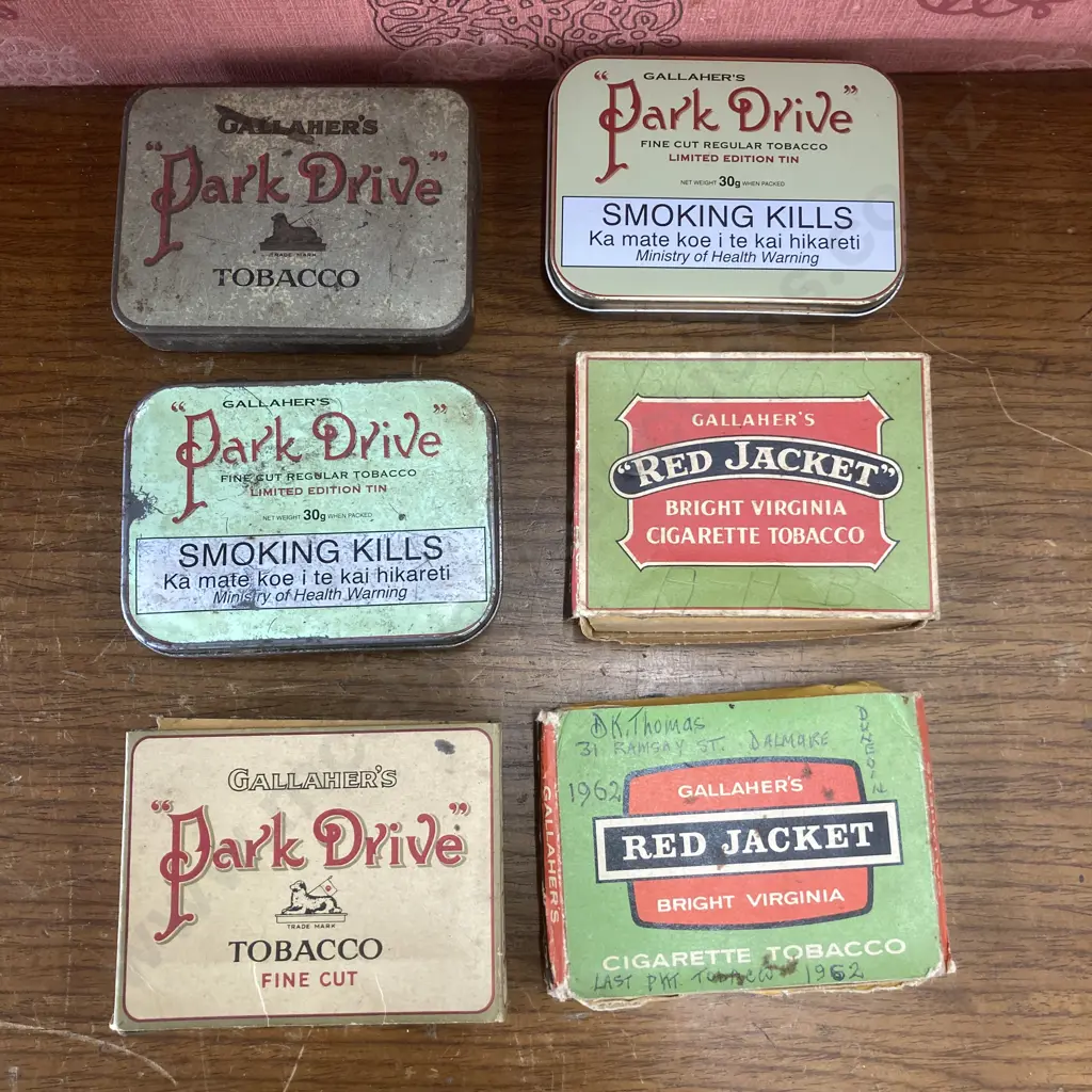 Pair of Vintage Gallaher's Red Jacket Cigarette Tobacco (One Unused), Four Assorted "Park Drive" Tobacco, New Zealand Image 1++