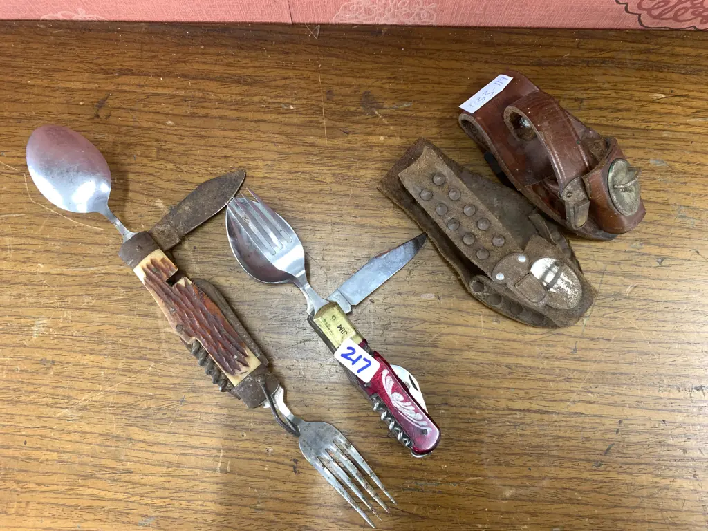 Pair of Utility Knives, one with Stag Horn Handle, other with red glass and bronze Image 1++