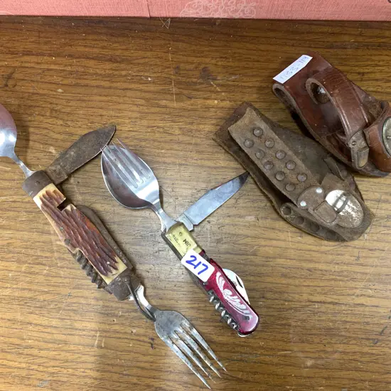 Pair of Utility Knives, one with Stag Horn Handle, other with red glass and bronze