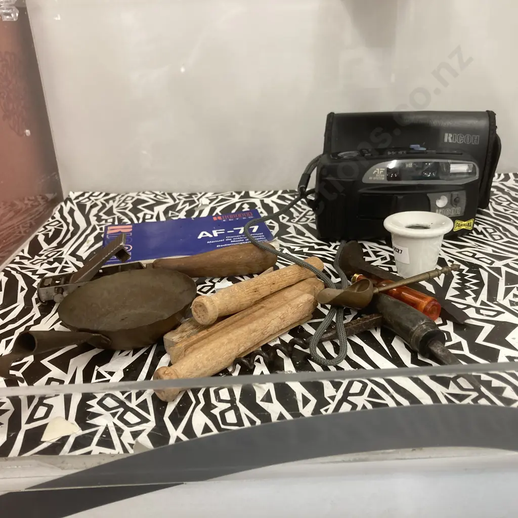 Vintage Horn Corkscrew, Iron Spike, Inkwell Inner, Wood Pegs, Wax Melting Cup, Brass Sugar Scoop, White Horse Miniature Image 1++