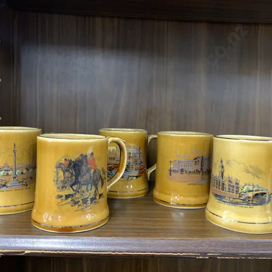 Selection Of Vintage Wade Beer Tankards Including Buckingham Palace, Piccadilly Circus, Houses Of Parliament