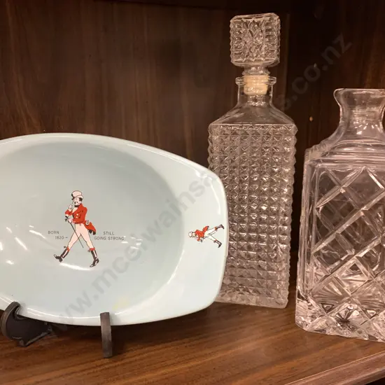 Wade Johnnie Walker 1960s Whiskey Blue Ceramic Ashtray (af) With 2x Crystal Decanters One Without Stopper