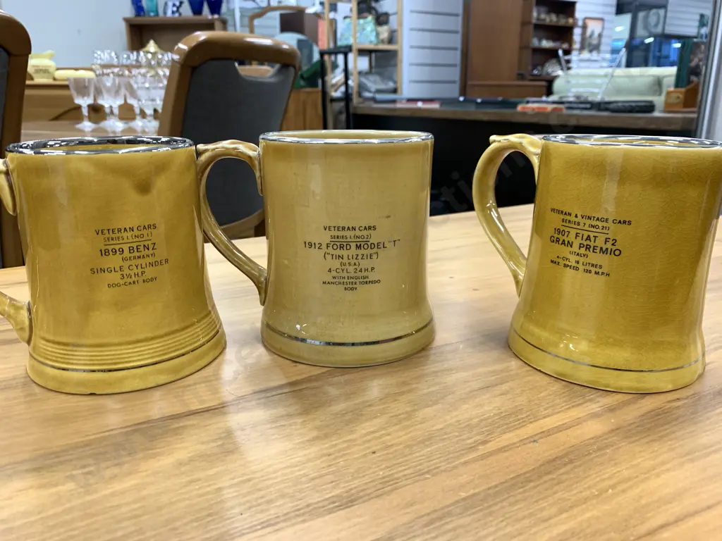 Selection Of Vintage Wade Veteran Beer Tankards x3 Including 1907 Fiat F2, Ford & Benz (af to base of Benz) Image 1++