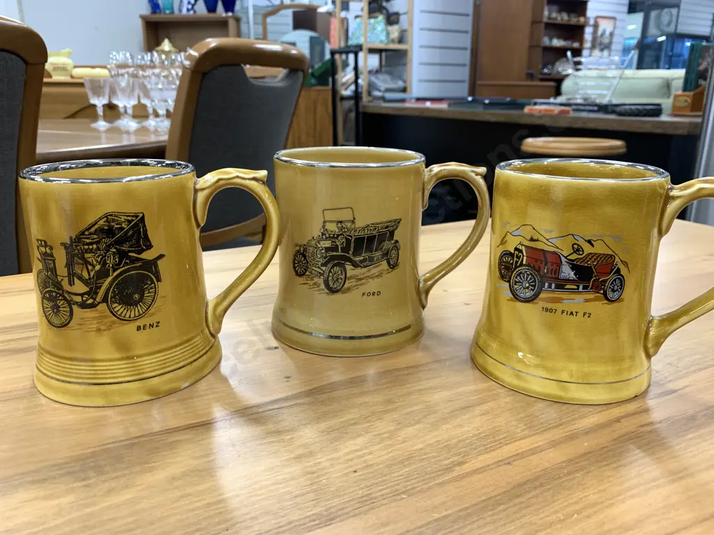 Selection Of Vintage Wade Veteran Beer Tankards x3 Including 1907 Fiat F2, Ford & Benz (af to base of Benz) Image 1++