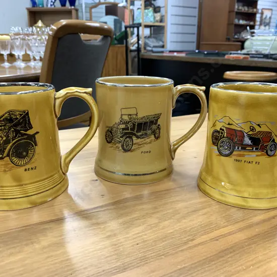 Selection Of Vintage Wade Veteran Beer Tankards x3 Including 1907 Fiat F2, Ford & Benz (af to base of Benz)