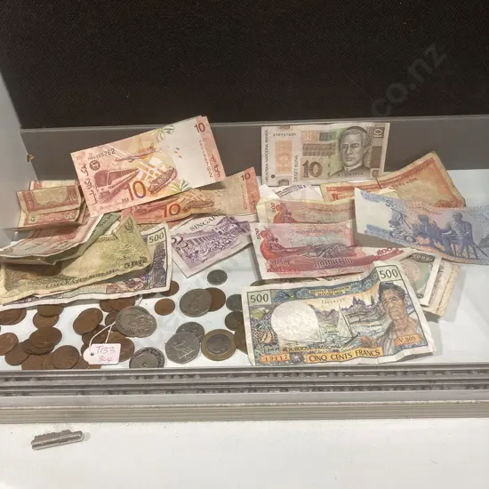 Assorted International Currency Notes and coins