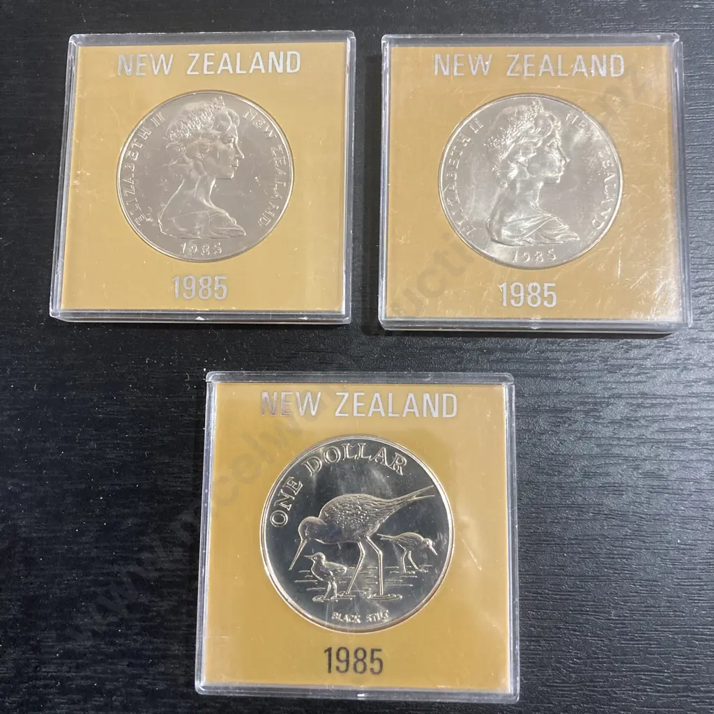 Lot of Three NZ 1985 Black Stilt Bird One Dollar Coins In Plastic Case Of Issue Image 1++