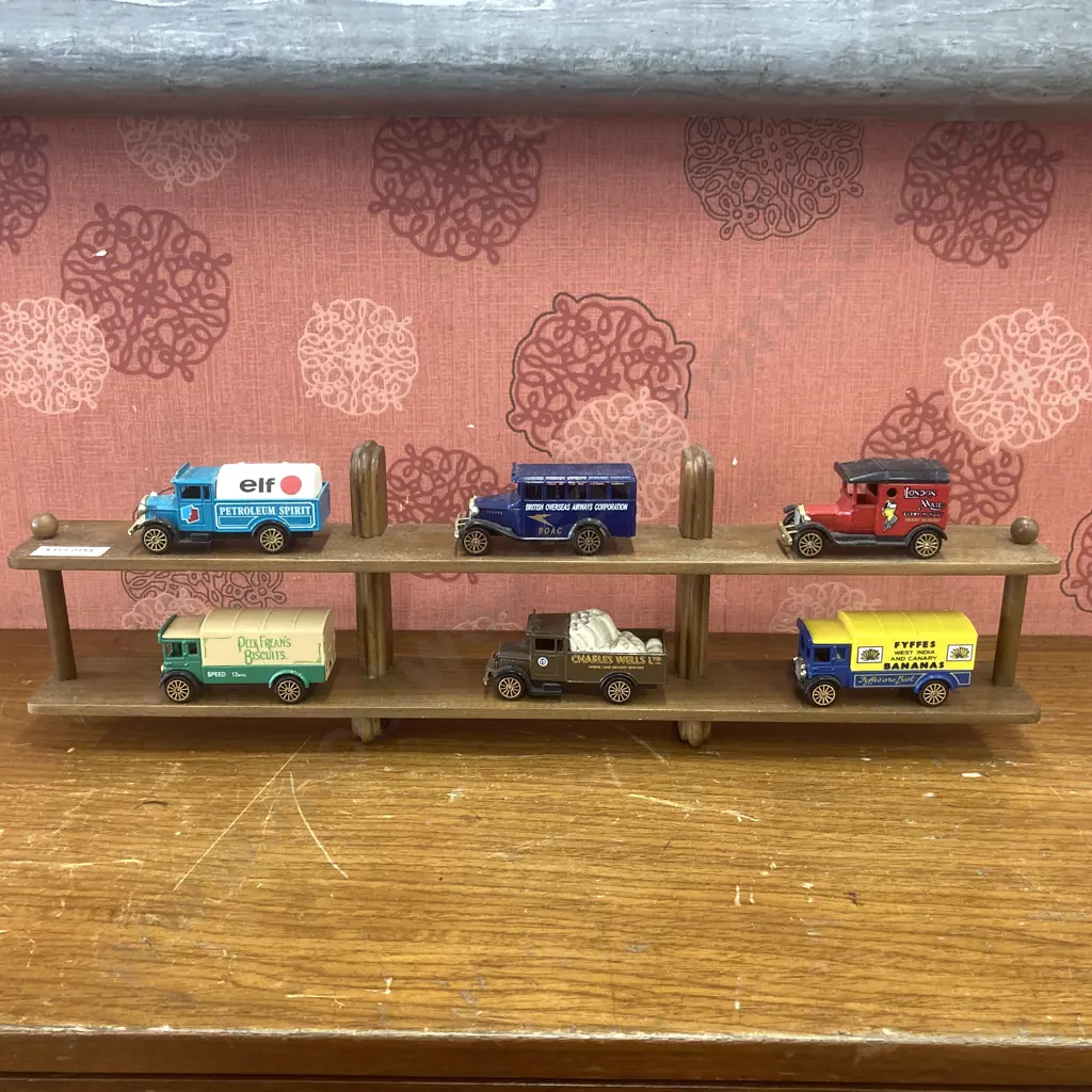 Corgi Assorted Collectable Toy Vehicles x 6 With Wooden Display Shelf, L46cm Image 1++