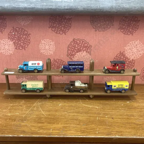 Corgi Assorted Collectable Toy Vehicles x 6 With Wooden Display Shelf, L46cm