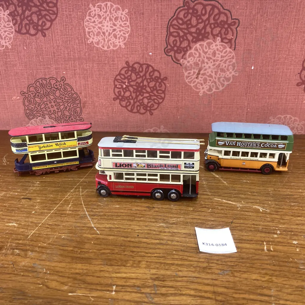 Matchbox Y10 Diddler Trolleybus Lion Black Lead,1930 Leyland Titan Van Houten Cocoa,1920 Preston Tramcar YorkshireRelish Image 1++