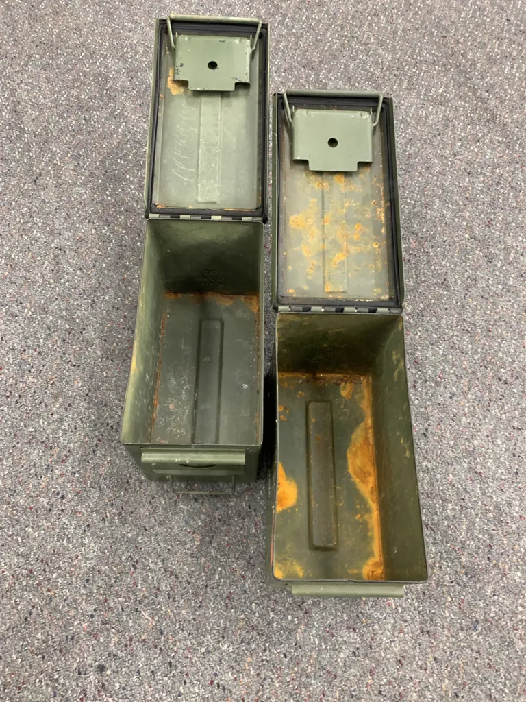 Pair of Steel Ammo Tins - Grenade Rifle Practice 40mm Practice 18 Rounds Image 1++