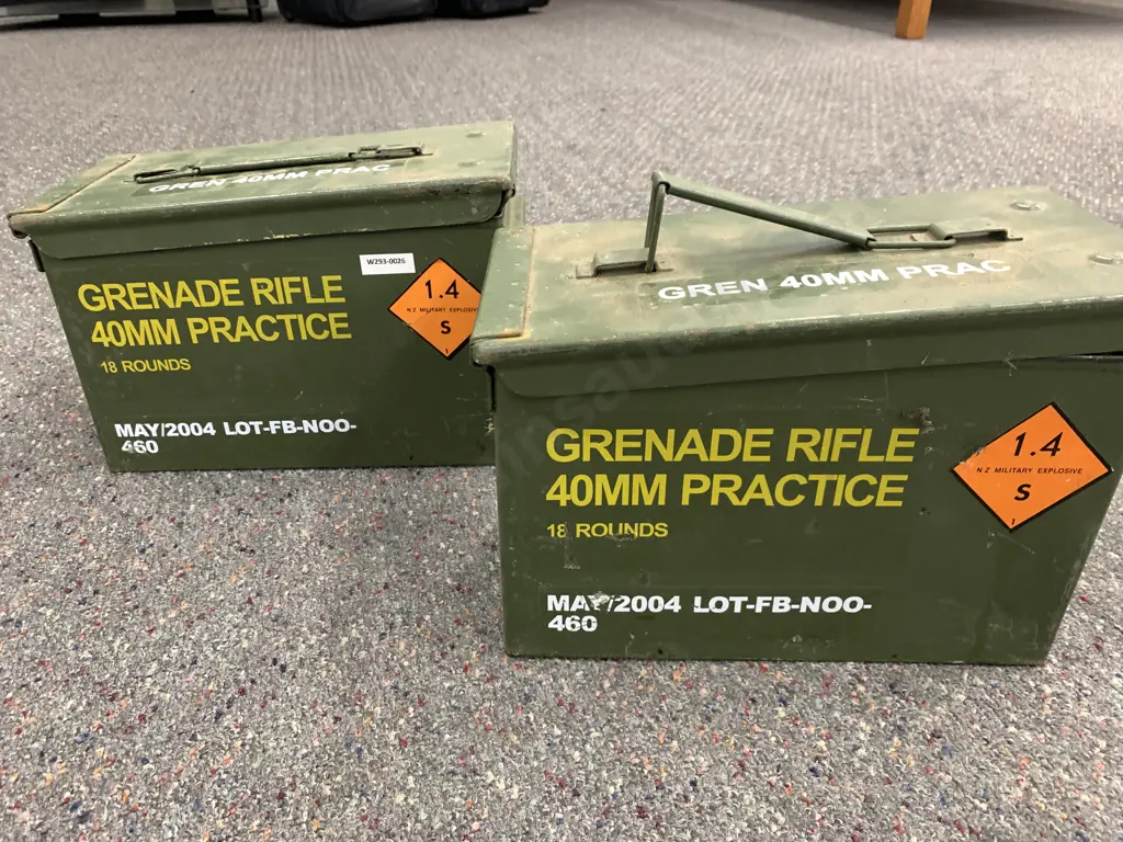 Pair of Steel Ammo Tins - Grenade Rifle Practice 40mm Practice 18 Rounds Image 1++