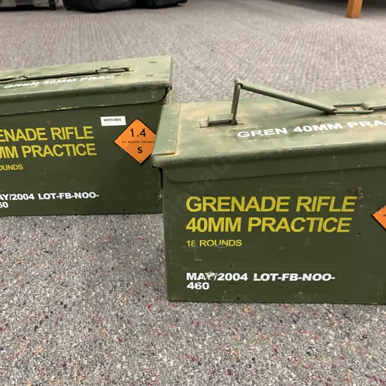 Pair of Steel Ammo Tins - Grenade Rifle Practice 40mm Practice 18 Rounds