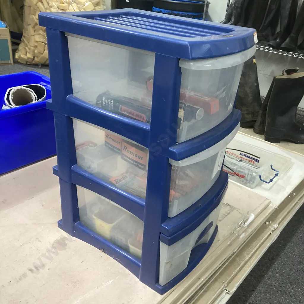 Taurus 3 Drawer Unit, Assorted Fuel Cells, Ramset & Paslode Items, Building Toggles & Plugs Etc Image 1++