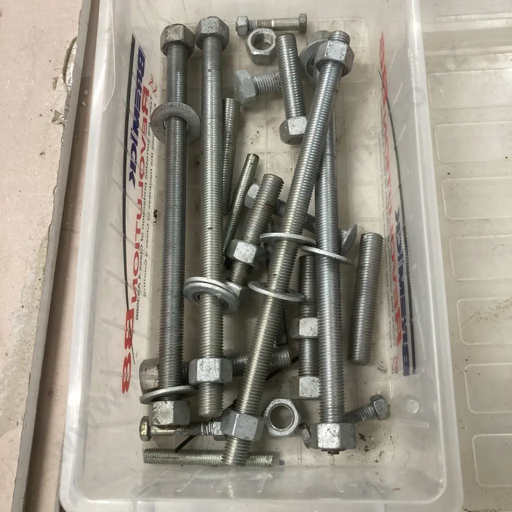 Clear Bin of Threaded Rod & Nuts, Nuts & Bolts Etc Image 1++