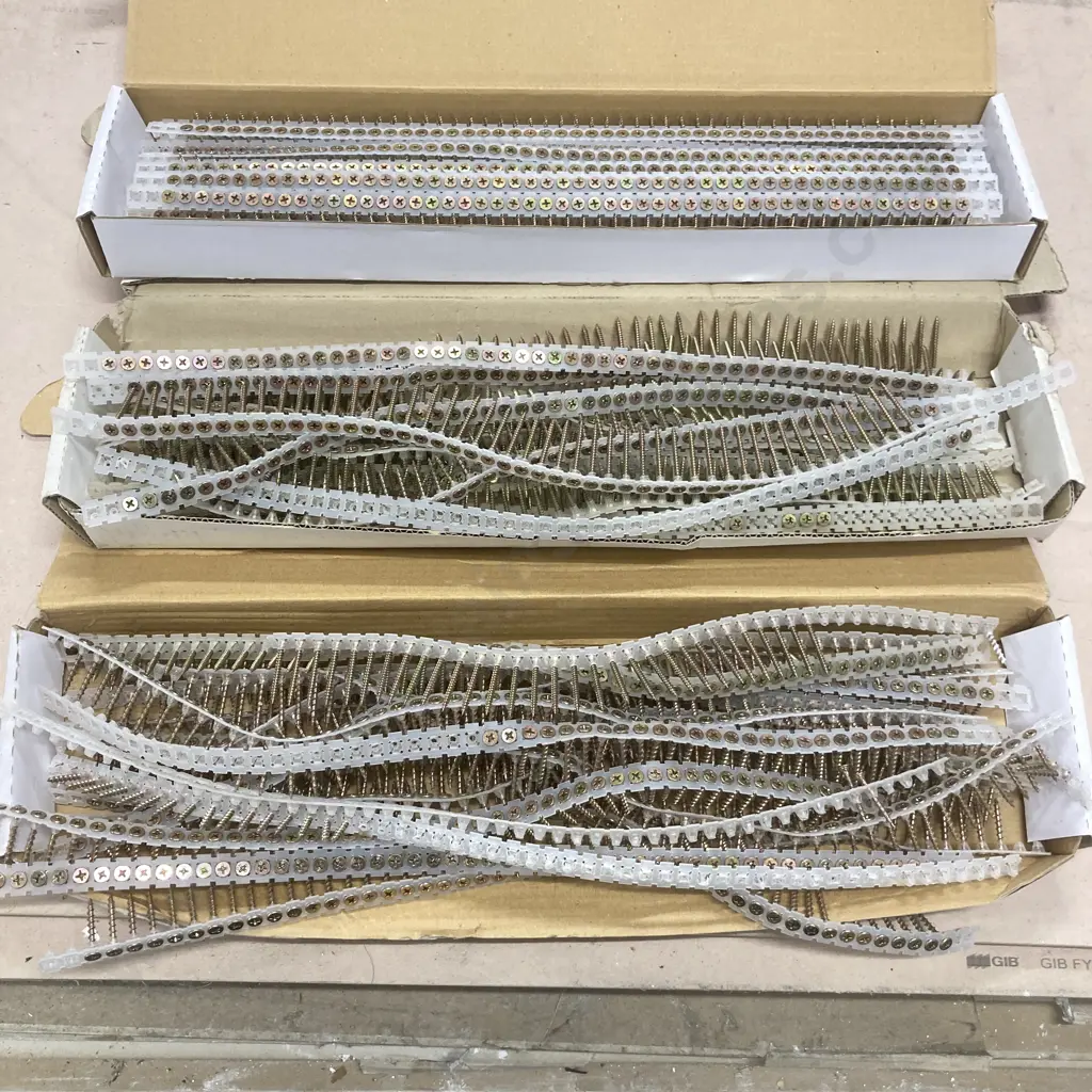 3 Boxes of Collated Gib Screws - 6x30 Fine, 6x32 Self Tapping, 6x32 High Thread Image 1++