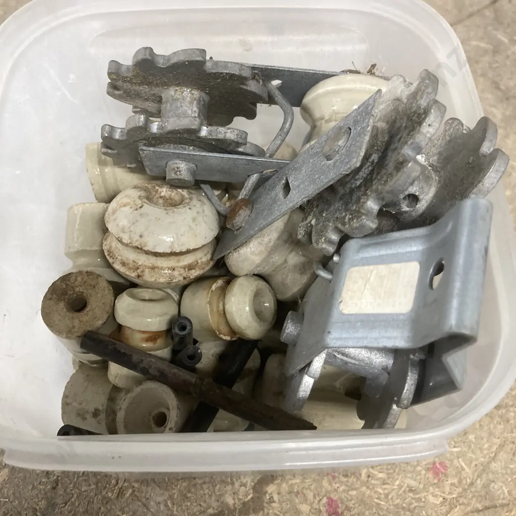 Bin Of  Vintage Ceramic Porcelain Electric Fence Insulators, Permanent Wire Strainers Etc Image 1++
