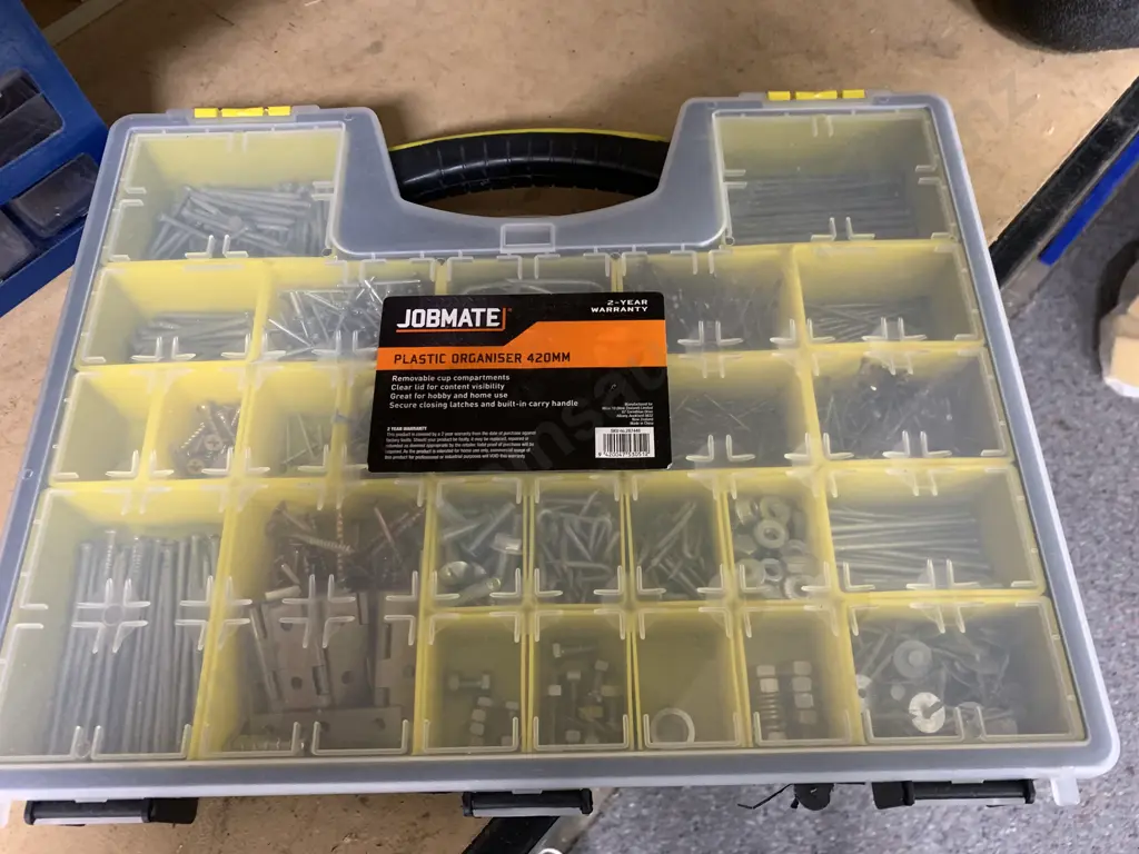 Job Mate Plastic Organiser 420mm With Nails, Latches Etc And 25 Compartment Sorter Box Image 1++