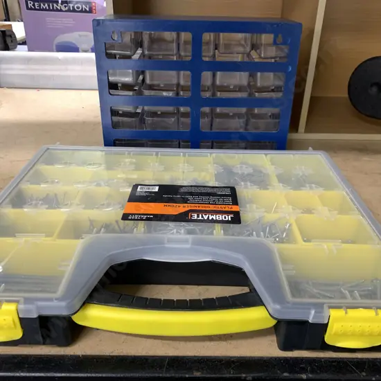 Job Mate Plastic Organiser 420mm With Nails, Latches Etc And 25 Compartment Sorter Box
