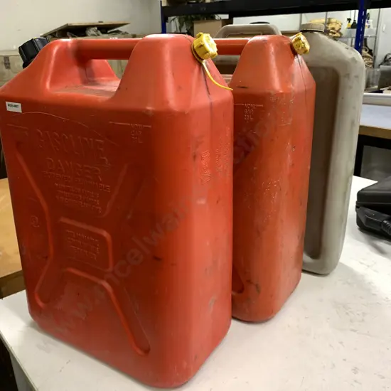 Pair of 20 Litre Red Plastic Fuel Containers & An Oil Change Container
