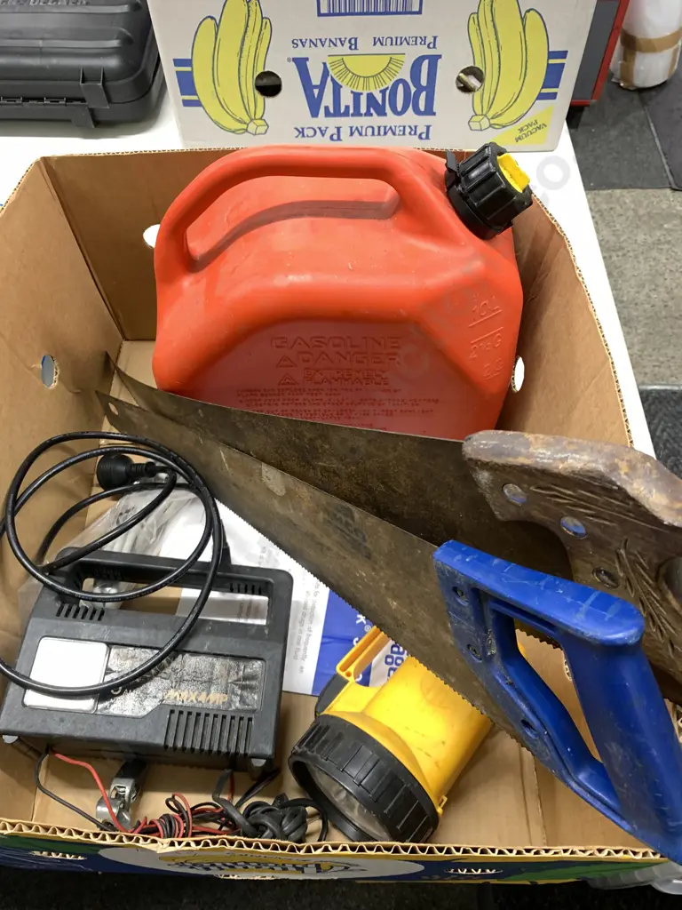 Box Of 6 Amp Battery Charger, 10 Litre Fuel Container, Disston Saw, Torch Etc Image 1++