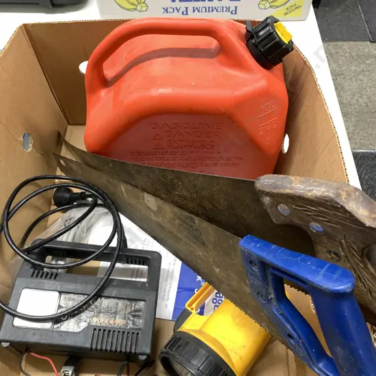 Box Of 6 Amp Battery Charger, 10 Litre Fuel Container, Disston Saw, Torch Etc