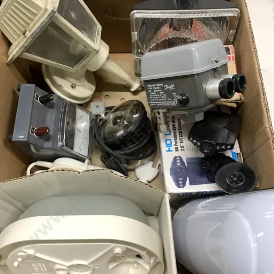 Box Lot Electric Items Including Lights, Pressure Switch, Portable DVR Etc 