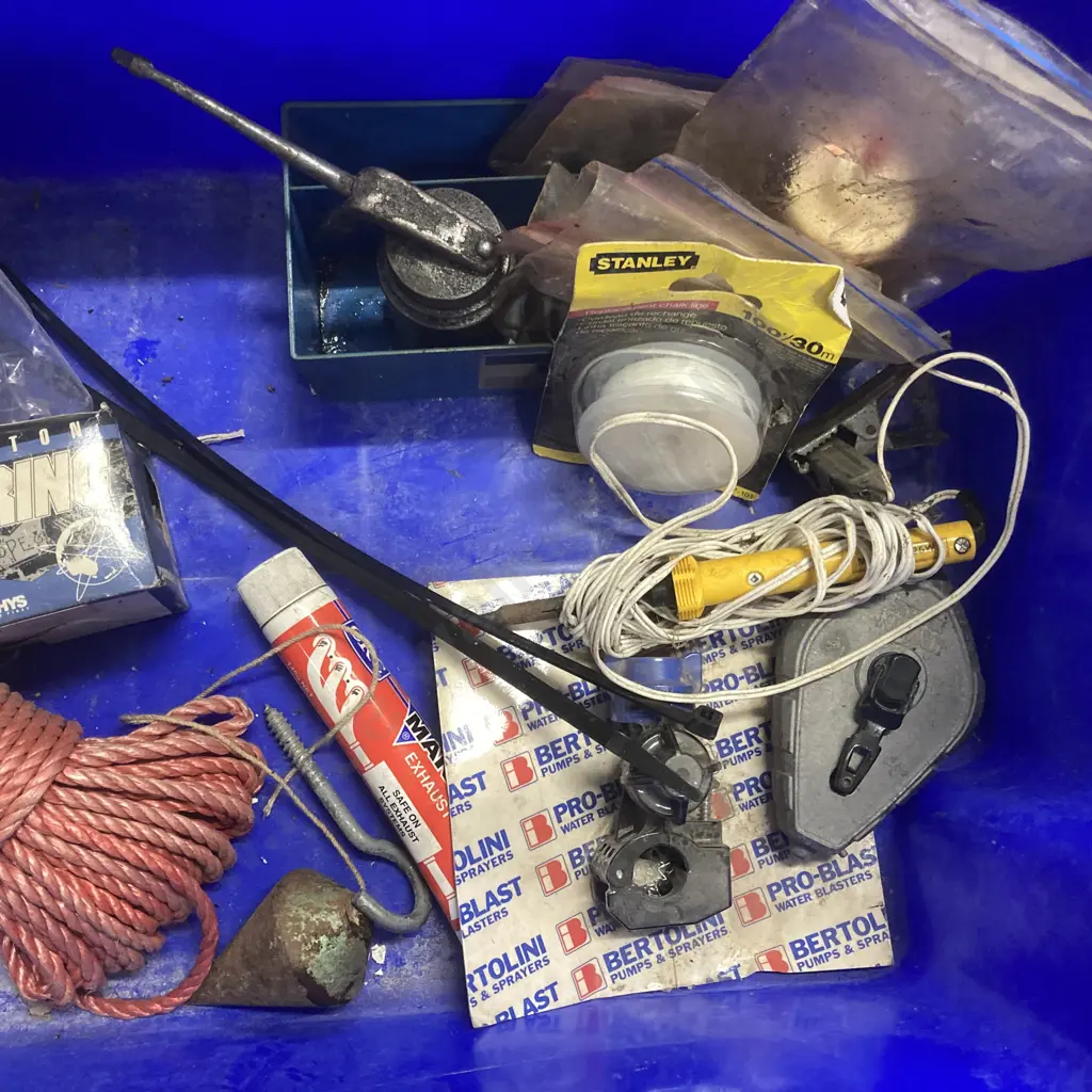 Blue Bin of Rope, String, Oil Can, Vent Ducting, Plumb Bob Etc Image 1++