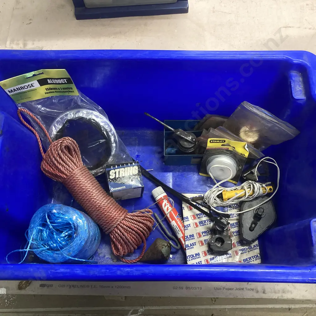 Blue Bin of Rope, String, Oil Can, Vent Ducting, Plumb Bob Etc Image 1++