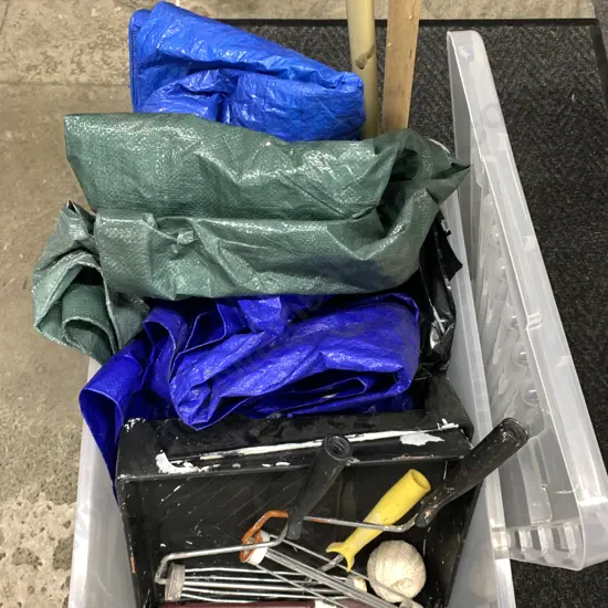 Clear Lidded Bin, Tarps, Paint Trays, Rollers Etc